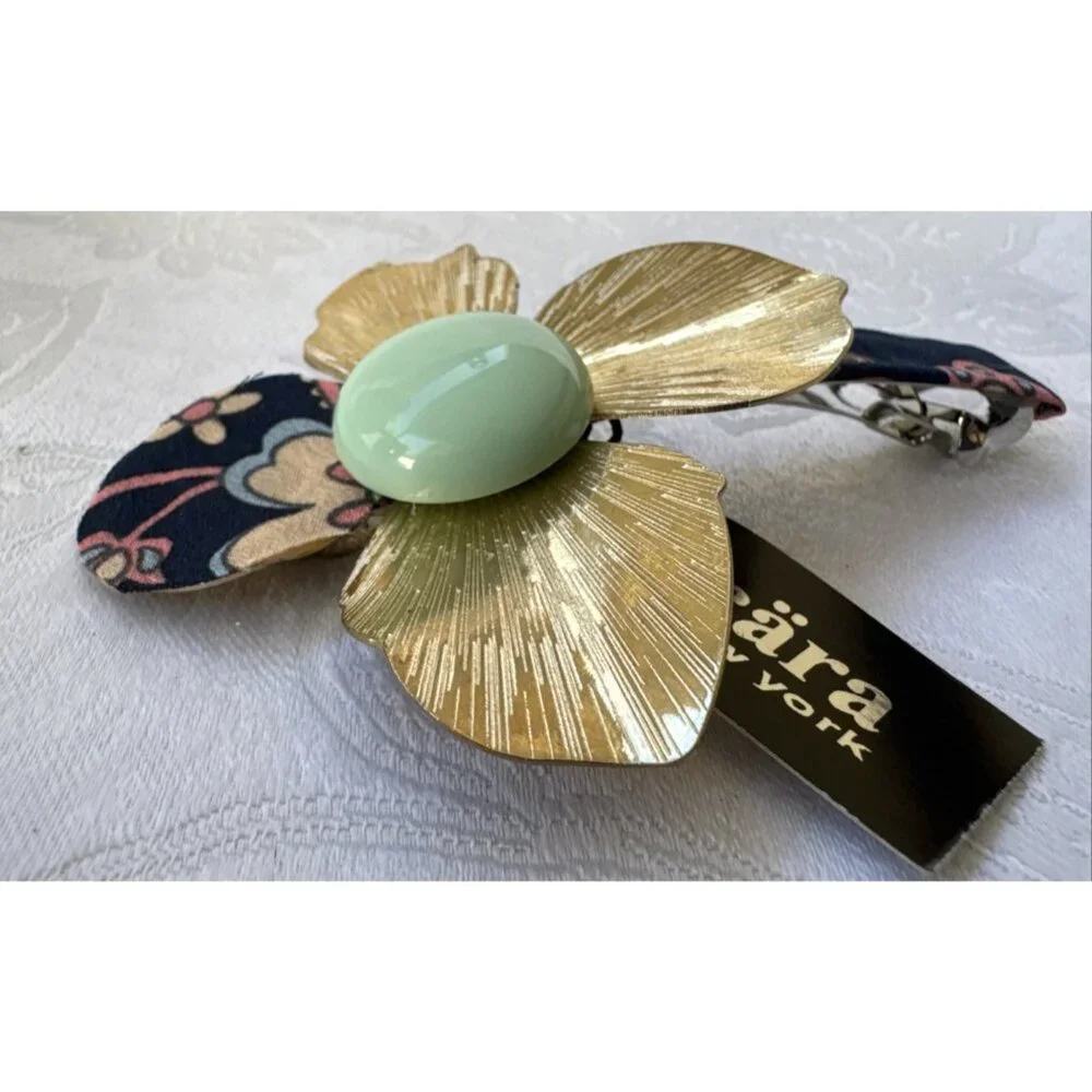 Cara NY Hair Barrette Pin Floral Gold Blue Enamel Cloth Steampunk NEW